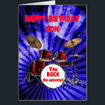 Son Birthday You Rock Drums Cards<br><div class="desc">A birthday card for a son. Turn up the volume on birthday wishes! Featuring a striking set of drums and the phrase "You rock the universe, " this card is a high-energy way to celebrate the life of the party. Whether they’re a drummer or just have rock star vibes, this...</div>