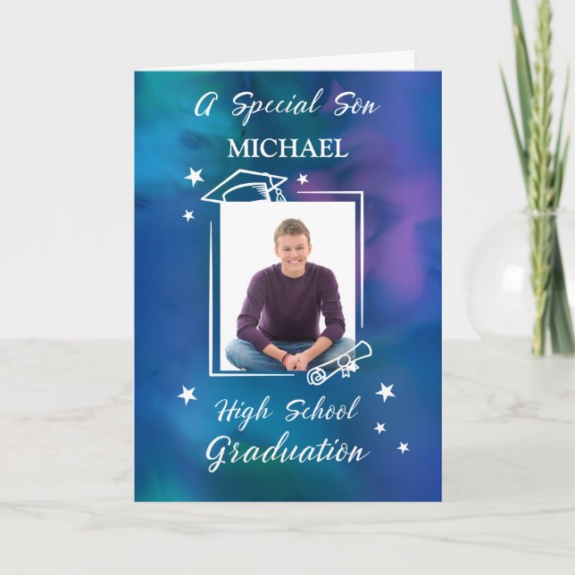 Son Custom Photo and Name High School Graduation Card (Front)