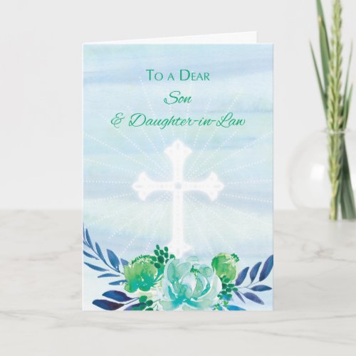 Son  Daughter_in_Law Teal Blue Flowers Easter Holiday Card