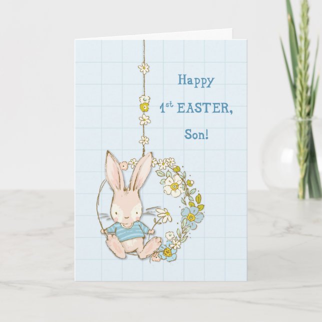 Son First 1st Easter Cute Bunny on Flower Swing Card (Front)