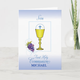 Son First Communion Chalice with Host Grapes Blue Card