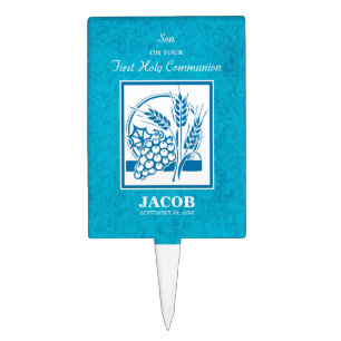 Son, First Communion, Wheat, Grapes Blue Cake Topper