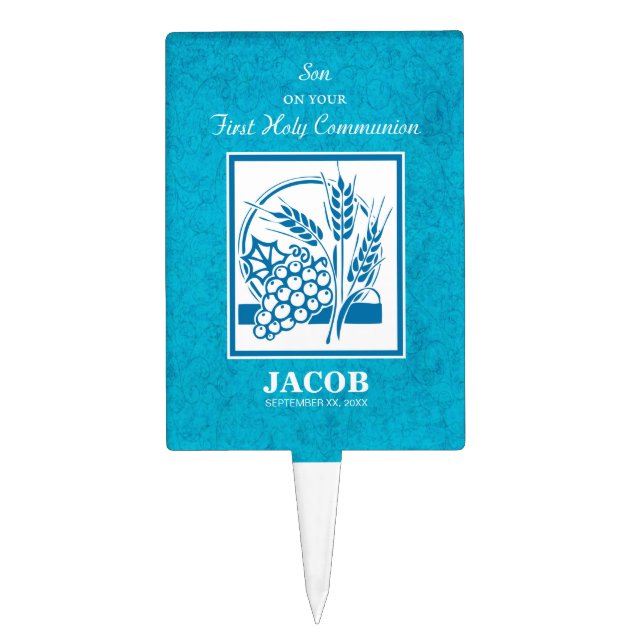 Son, First Communion, Wheat, Grapes Blue Cake Topper (Front)