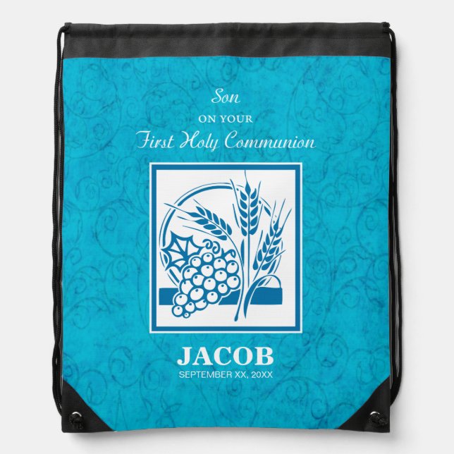 Son, First Communion, Wheat, Grapes Blue Drawstring Bag (Front)