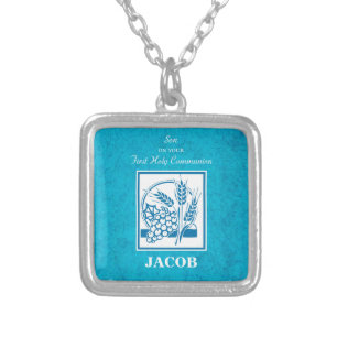 Son, First Communion, Wheat, Grapes Blue Silver Plated Necklace
