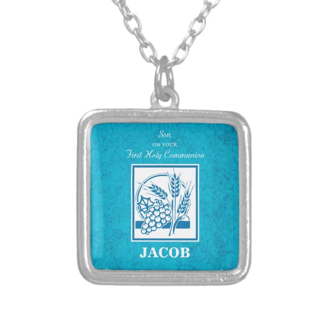Son, First Communion, Wheat, Grapes Blue Silver Plated Necklace (Front)