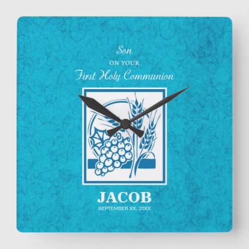 Son First Communion Wheat Grapes Blue Square Wall Clock