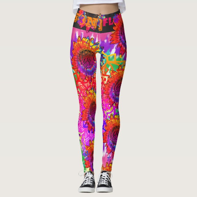 "[SON]flower power" bright tie-dye sunflower Jesus Leggings (Front)