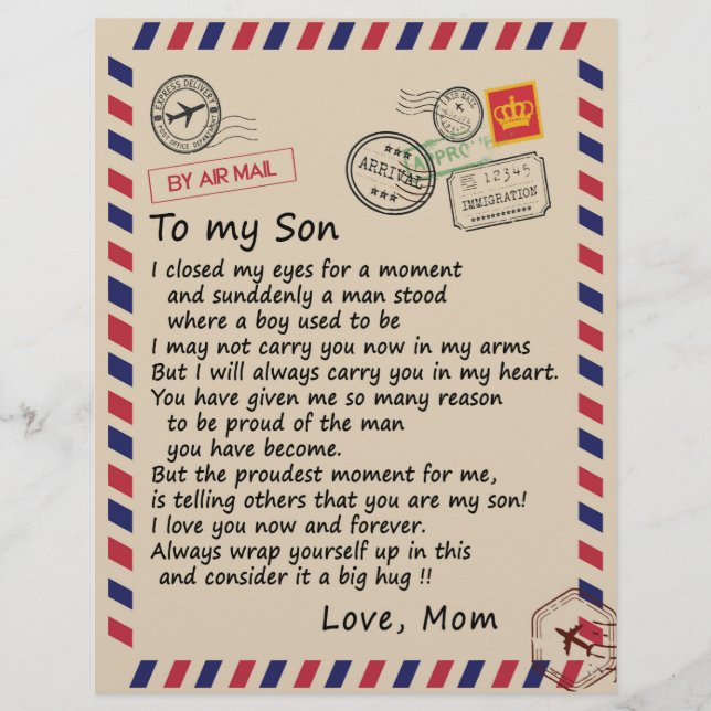 Son Gift | Letter To My Son Love From Mom Letterhead (Front)