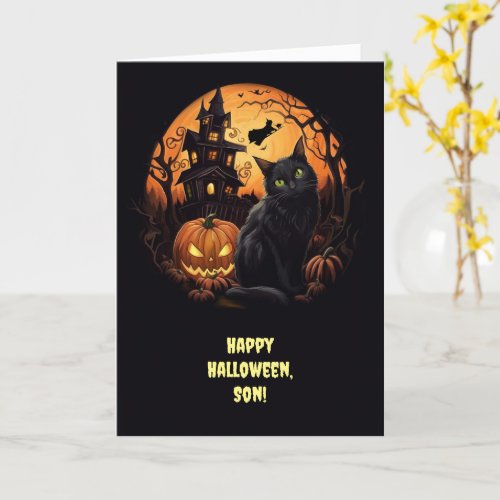 Son Halloween Spooky with Jack O Lantern Witch Cat Card