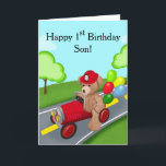 Son Happy 1st Birthday Teddy Bear in Firetruck Card<br><div class="desc">This adorable teddy bear, riding a bright red firetruck and proudly wearing his very first firefighter hat, makes the perfect design to celebrate your son's special 1st birthday milestone.</div>