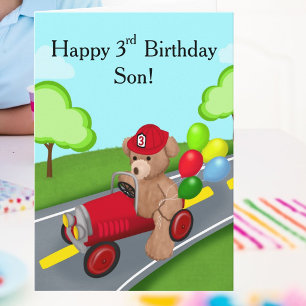 Son Happy 3rd Birthday Teddy Bear Firetruck Card