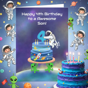 Son Happy 4th Birthday Astronaut with Cake Card