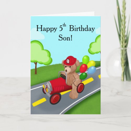 Son Happy 5th Birthday Teddy Bear Firetruck Card
