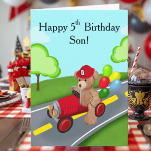 Son Happy 5th Birthday Teddy Bear Firetruck Card
