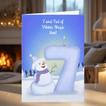 Son Happy 7th Birthday Snowman  Card<br><div class="desc">Bright winter joy fills this 7th birthday scene as a cheerful snowman shows off the tall snowy “7” sculpted just for your daughter’s big day. Soft, leaf-shaped trees frame the background, bringing a gentle seasonal touch to the artwork. The cool winter tones, playful textures, and warm expression create a sweet,...</div>
