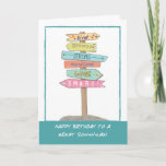 Son in Law Birthday Fun Sign Good Qualities  Card<br><div class="desc">Celebrate your amazing Son-in-Law's birthday with this heartfelt card that captures his outstanding qualities and more. The hand-drawn illustration showcases a signpost with various directions, each sign bearing words like "kind, " "generous, " "strong, " "handsome, " "loving, " and "smart." This thoughtful card is a sincere tribute, reminding your...</div>