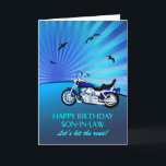 Son in Law Birthday Motorbike Sunset Card<br><div class="desc">Happy birthday son-in-law card with a motorbike. A perfect card for a biker. A blue motorbike with a stylized sunset and flying birds. Any bike enthusiast will love to get a card like this.</div>