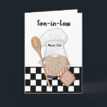 Son in Law Birthday Whimsical Gnome Chef Cooking Card<br><div class="desc">Introducing our delightful birthday card designed to honor the culinary maestro in your life! This charming card features a whimsical gnome donning a chef's hat, complete with a bushy beard, standing on a classic black and white kitchen floor. With a wooden spoon in one hand and a pot holder in...</div>