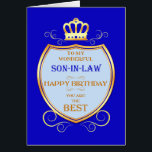 Son-in-Law Birthday with Shield<br><div class="desc">Wish your son-in-law a happy birthday with a royal shield. A golden crown sits over a shield with golden scrollwork. Tell your son-in-law he is the best in a regal medieval way!</div>