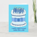 Son in law Happy Birthday Card<br><div class="desc">A giant blue cake,  iced and with a bow around it. The cake is covered in lit candles. The words 'Happy Birthday Son in law' accompany the image.</div>