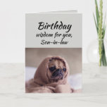 Son-in-law Humor Birthday Wisdom Cute Pug Dog Card<br><div class="desc">Birthday wisdom for your Son-in-law from the cute Pug in a Rug.   Fun animal Birthday cards</div>