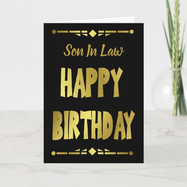 Son-in- Law Modern Black Gold Happy Birthday Card (Front)