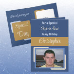 Son in law name photo blue brown birthday card<br><div class="desc">For a special son-in-law birthday card.
Personalize this Greetings Card with a photo and a name.
Designed in blue,  brown and cream.</div>