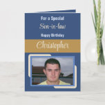 Son in law name photo blue brown birthday card<br><div class="desc">For a special son-in-law birthday card.
Personalize this Greetings Card with a photo and a name.
Designed in blue,  brown and cream.</div>