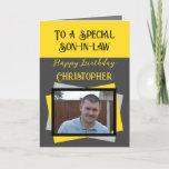 Son in law photo name grey yellow birthday card<br><div class="desc">To a special son-in-law.
Happy birthday.
Add a name and photo.
Grey,  yellow and black.</div>