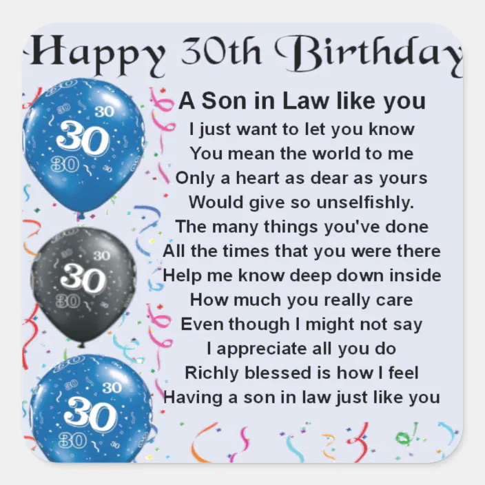 Birthday Poem For Son In Law Son In Law Poem - 30Th Birthday Square Sticker | Zazzle.com
