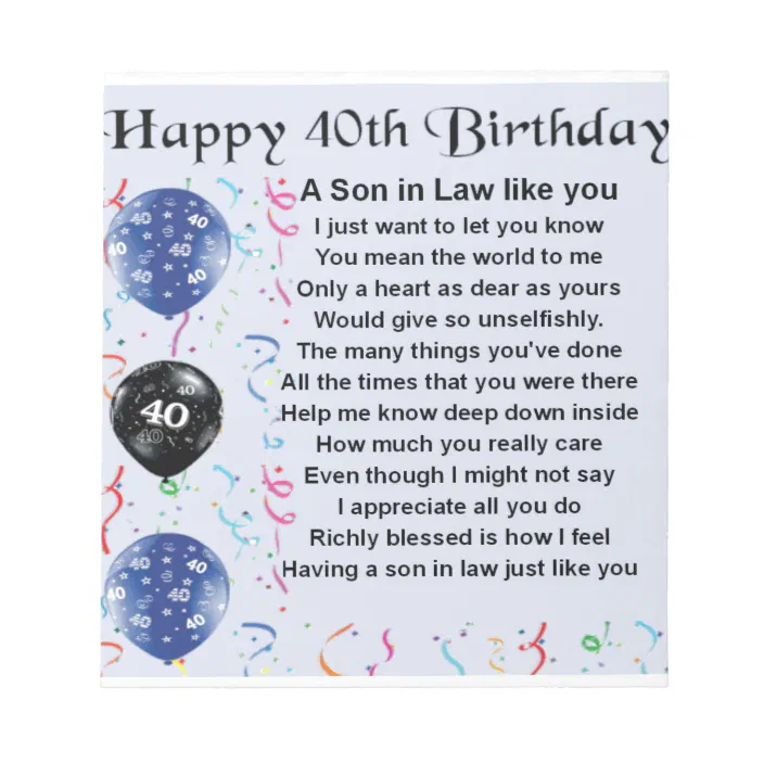 Birthday Poem For Son In Law Son In Law Poem - 40Th Birthday Design Notepad | Zazzle.com