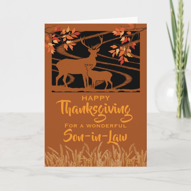 Son in Law Thanksgiving Deer in Field Fall Leaves Card (Front)