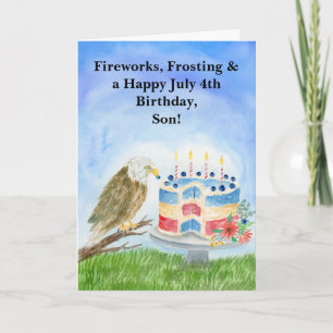 Son July 4th Birthday Bald Eagle & Patriotic Cake Card