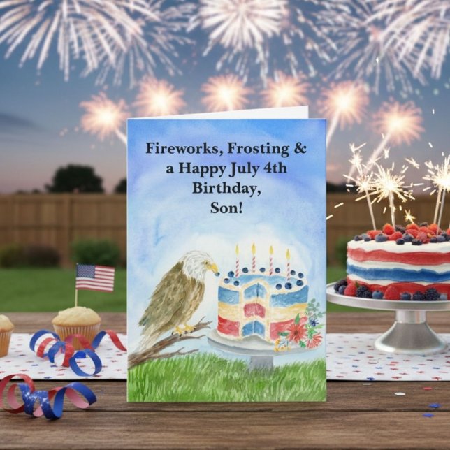 Son July 4th Birthday Bald Eagle & Patriotic Cake Card (Creator Uploaded)