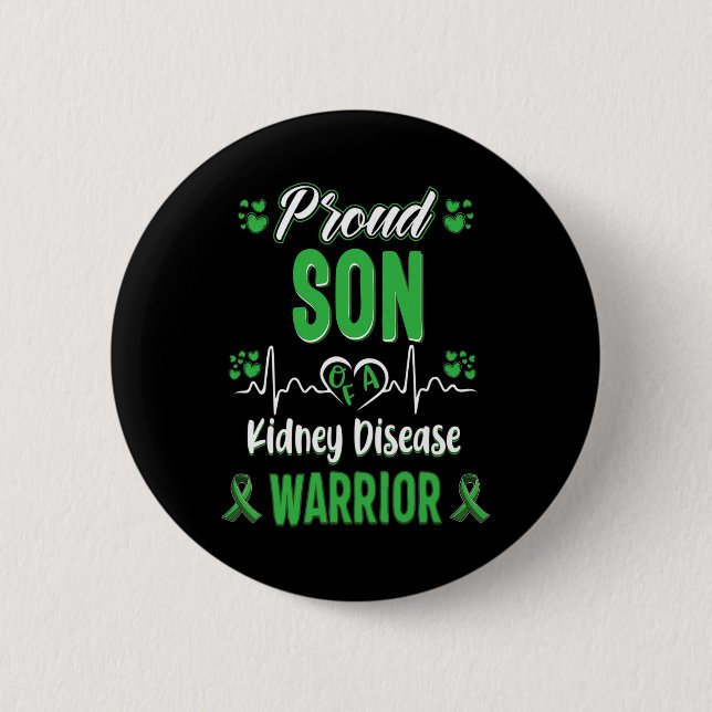 Son Kidney Disease Warrior Awareness Ribbon Green  Button (Front)