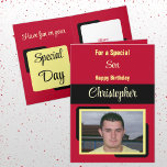 Son name photo red yellow birthday card<br><div class="desc">For a special son birthday card.
Personalize this Greetings Card with a photo and a name.
Designed in red,  yellow and black.</div>