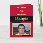 Son name photo red yellow birthday card<br><div class="desc">For a special son birthday card.
Personalize this Greetings Card with a photo and a name.
Designed in red,  yellow and black.</div>
