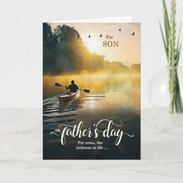Son on Father's Day Rowing Kayak on the Lake Holiday Card (Front)