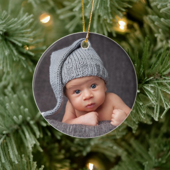Son Photo And Name Navy Blue Christmas Ceramic Ornament (Tree)