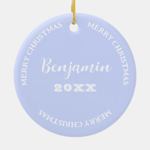 Son Photo And Name Pastel Blue Christmas Ceramic Ornament