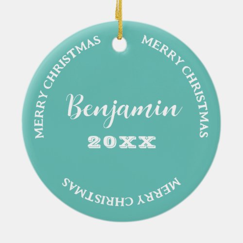 Son Photo And Name Teal Christmas Ceramic Ornament