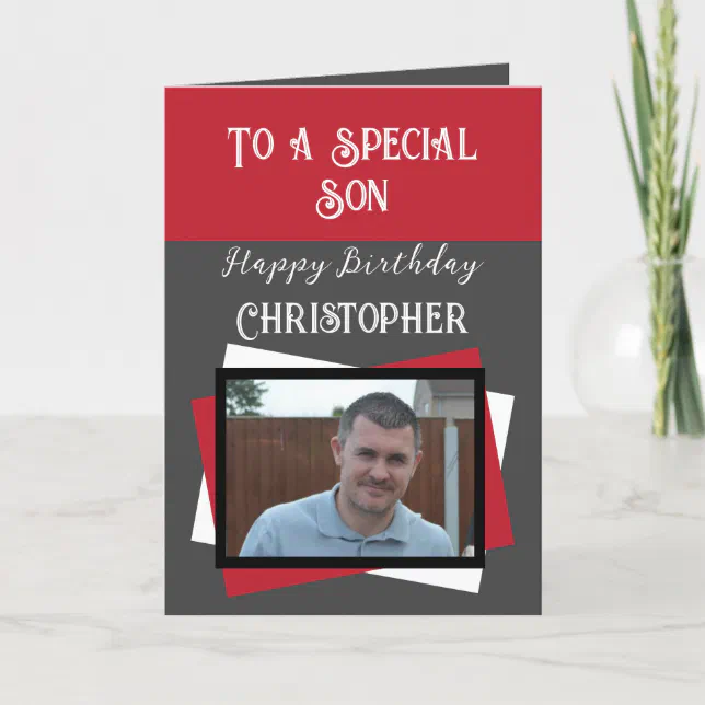 Son photo name grey red birthday card | Zazzle
