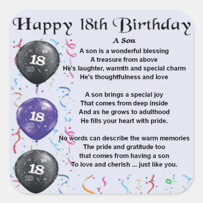 Son Poem 18th Birthday Design Square Sticker Zazzle Com