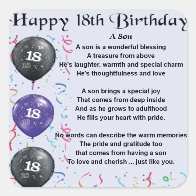 Son Poem 18th Birthday Design Square Sticker (Front)