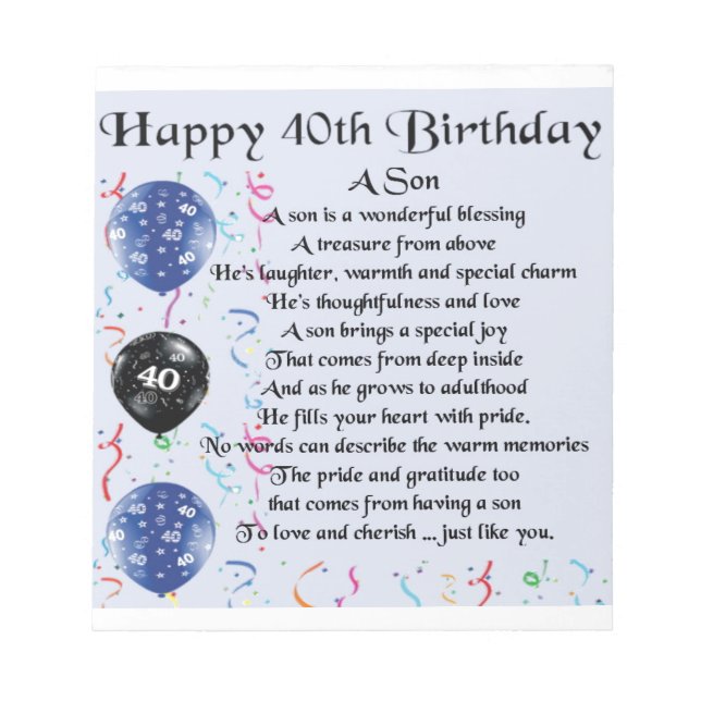Son Poem  - 40th Birthday Design Notepad (Front)