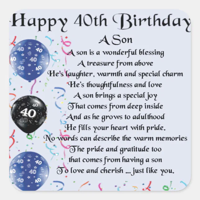 Son Poem 40th Birthday Design Square Sticker Zazzle