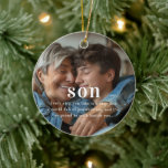 Son | Sentimental Photo Keepsake Christmas Ceramic Ornament<br><div class="desc">Celebrate the cherished bond between mother and son this holiday season with our Son | Sentimental Photo Keepsake Christmas Ornament. Featuring a touching photo and a heartfelt message, this ceramic ornament captures the warmth of family and the love shared across generations. The elegant design showcases a customizable photo of your...</div>