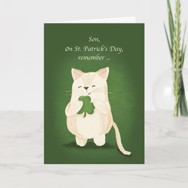 Son St. Patricks Day Cute Kitten Holding Shamrock Card (Front)