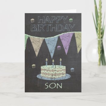 Son Trendy Chalk Board Effect  With Birthday Cake Card by moonlake at Zazzle